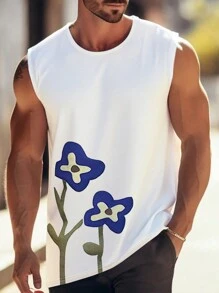 Men's Casual Comfortable Minimalist Flower Pattern Tank Top - White - View 3