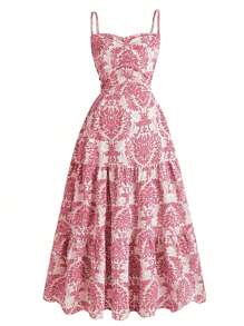 EARO Women's Pleated Slip Dress With Tropical Plant Print, Vacation Style