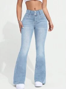 SHEIN EZwear 女士休閒寬腰喇叭牛仔褲 - 淺色水洗藍 - 查看 4