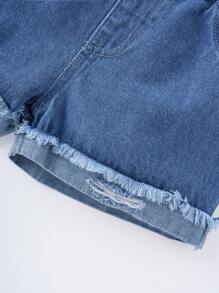 SHEIN Conjunto de top de tirantes con ribetes de ganchillo y pantalones cortos de mezclilla con flecos acanalado para chicas jóvenes de vacaciones - Rosa Fucsia - Ver 3