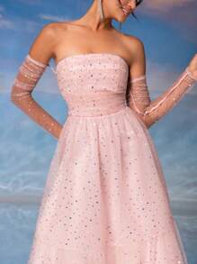 SHEIN Belle 褶皺網紗面料，層次搭配的女裝雞尾酒會派對禮服 - 粉色 - 查看 2