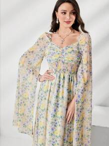 Mulvari Floral Print Ruched Bust Split Sleeve Arabian Dress