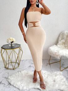 AIJ Amarilo Chic 女士长款紧身连衣裙，无肩带无袖设计，独特镂空和圆环造型，中等弹力面料