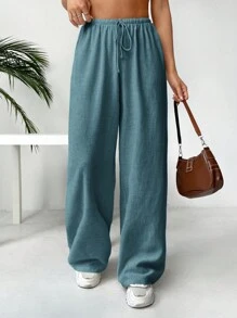 Muchica Women's Casual Solid Color Drawstring Waist Wide-Leg Pants In Linen