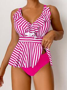 SHEIN Swim Striped Ruffle Trim V Neck Top & Bridfs Summer Beach Tankinis Swimwear - Multicolor - View 1