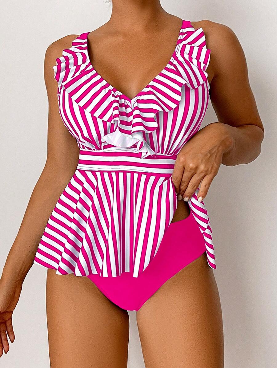 SHEIN Swim Striped Ruffle Trim V Neck Top & Bridfs Summer Beach Tankinis Swimwear - Multicolor - View 1