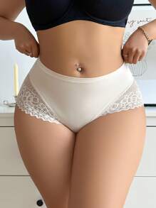 Plus Size Women's Solid Color Contrast Lace Triangle Panties - Beige - View 3