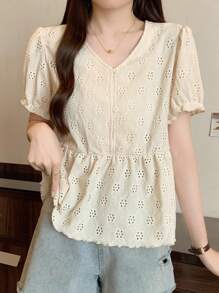 DAZY Áo thun tay ngắn nửa túi có nút cổ chữ V dành cho nữ, màu trơn, mùa hè - trắng - Xem 5