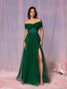 SHEIN Belle Vestido de dama de honor para adultos con hombros descubiertos, con nudo al frente, abertura alta y bajo acampanado, vestido elegante - Verde Oscuro - Ver 1
