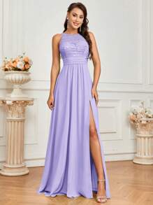 SHEIN Belle Sleeveless Round Neck Lace Insert Bridesmaid Dress With Back Zipper And Side Slit, A-Line, Adult Size Elegant Dress, For Valentine's Day - Violet Purple - View 3