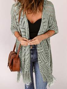 Acelitt Women's Solid Color Simple Daily Tassel Decoration Kimono Cover Up Casual Vacation Beach - Grey - View 3