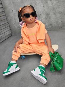SHEIN 3pcs Baby Girls' Fall Orange & Pink Street Style American Cool Daily Casual Outfit Set