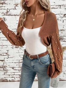SHEIN Clasi Áo len cardigan đính hạt thanh lịch cho nữ trang phục Halloween mùa thu cho nữ quần áo mùa thu - Màu Khaki - Xem 2