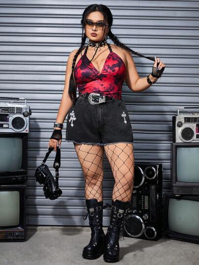 Grunge Punk All-Match Punk Washed Frayed Hem Cross Embroidery Plus Size Women's Denim Shorts