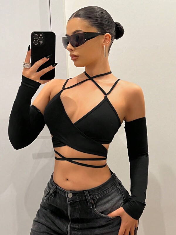 SHEIN ICON Top cu mâneci detașabile cu cravată încrucișată pentru femei