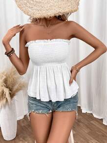 SHEIN Frenchy Top tubo blanco de lino de unicolor con dobladillo con volantes y bordes plisados para mujer - Beis - Ver 4