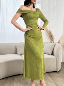 Modelyn 女士优雅纯色不对称领口荷叶边腰长裙春夏季长款晚礼服 - 芥末黃 - 查看 3