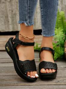 女款夏季新款時尚楔型涼鞋，開放式前端厚底羅馬鞋，輕巧多用 - 黑色 - 查看 4