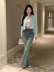 DAZY 女士簡約純色休閒長袖短外套 - 藍色 - 查看 6