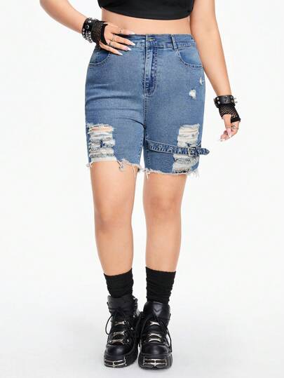Grunge Punk Plus Size Women's Stretchy Fitted Elastic Waist Ripped Design Denim Capri Shorts, School