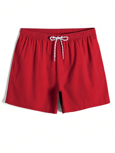 Manfinity Swimmode Men's Swim Trunks Drawstring Waist Front Tie Pocket Solid Color Resort Casual