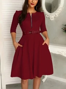 ChicMe Half Sleeve Zip Front Belted Midi Dress Round Neck Slim Fit Simple Stylish Design - Burgundy - View 1