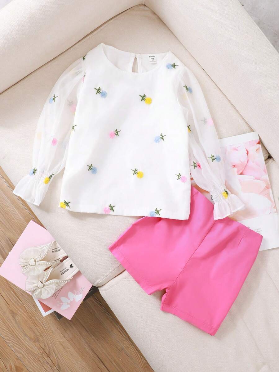 Bộ áo và quần short tay phồng thường ngày dành cho nữ, 2 chiếc, thích hợp cho mùa hè - Màu Hồng Tươi - Xem 1