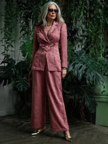 SHEIN LUNE 花卉提花双排扣日常西装外套 - 紅色 - 查看 3