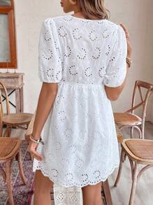 SHEIN Frenchy Eyelet Embroidery Knot Front Puff Sleeve Dress For Summer Vacation Women's Date Night Dress Earthy Clothes Old Money Summer Plain Bow Tie Texture Peter Pan Collar Dress Knotted Casual Short Sleeve Dress Tie Dress Puff Sleeves Babydoll Casual Dress Cute Summer Dress Back To School Clothes Fall Women Clothes 4th Of July Clothes White