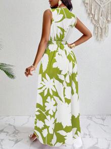 SHEIN VaVaLuxe Vestido largo de vacaciones con impresión tropical, cuello en V profundo y corte ajustado en la cintura estilo 'fit-and-flare' - Verde - Ver 2