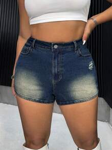 SHEIN ICON Plus High Waist Ripped Denim Shorts For Summer
