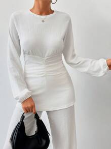 EURMUSE Women's Plain Simple Daily Long Sleeve Top And Long Pants Set - White - View 4
