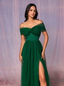 SHEIN Belle Vestido de dama de honor para adultos con hombros descubiertos, con nudo al frente, abertura alta y bajo acampanado, vestido elegante - Verde Oscuro - Ver 2