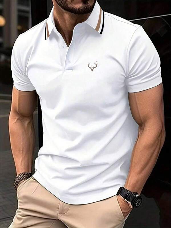 Men Striped Trim Short Sleeve Casual Commuting Polo Shirt, Summer, For Golf