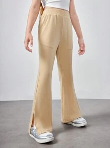 SHEIN Tween Girl Dệt Kim Màu Trơn Dây Rút Eo Khe Viền Quần Âu - Xanh đậm - Xem 6