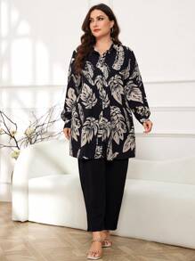 Lacomfia Plus Size Women's Random Printed Long Sleeve Top And Solid Color Pants Two-Piece Set, Modest Casual Fashion Longline Set 2 Pieces Set - Black - View 3