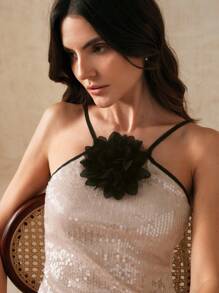 Anewsta Robe glissante à fleurs 3D de couleur contrastée avec perles roses pour femmes