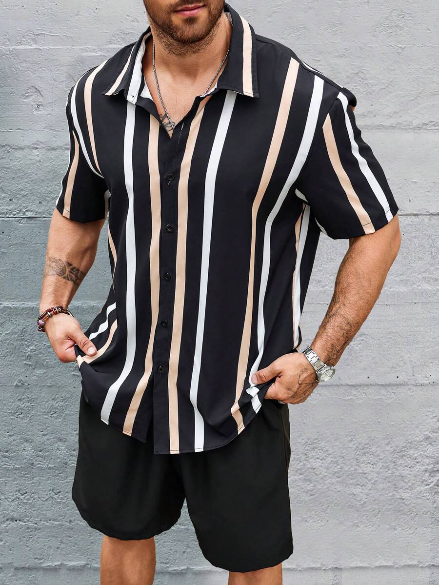Manfinity Homme Bộ áo sơ mi ngắn tay in sọc và quần short màu trơn cho nam, Sọc, Đi chơi, Cỡ lớn, Đồ họa, Nhiều màu, Thường ngày - Nhiều màu - Xem 1