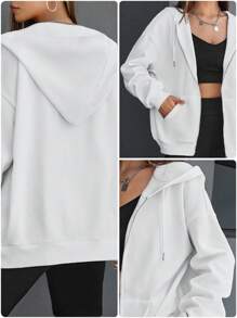 RueChic Sudadera con capucha con cierre y cordón frontal, de hombros caídos