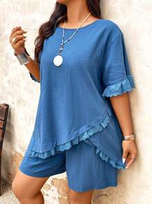 Plus Frill Asymmetrical Hem Top & Shorts For Summer - Blue - View 3