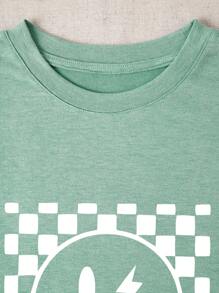 青少女棋盤格微笑臉圖案短袖圓領休閒T恤，夏季款 - 薄荷綠 - 查看 3