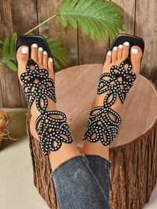2024 Sandales romaines à strass plats pour femmes, nouvelles chaussures de plage bohémiennes avec diamants, chaussures pour femmes de grande taille pour l'été - Noir - Voir 2
