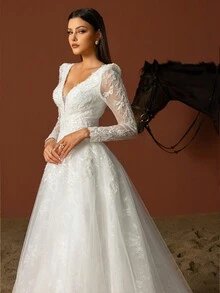 女士纯色简约网眼长袖连衣裙，适合日常穿着，白色优雅婚礼新娘礼服 - 白色 - 查看 7