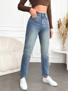EURMUSE High Waisted Tapered Leg Jeans - Medium Wash - View 5