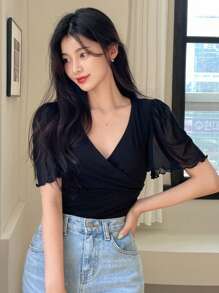 DAZY Camiseta sólida de manga abullonada - Negro - Ver 7