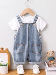 SHEIN Overol sin camiseta de mezclilla para bebé niño con rayas y bolsillos dobles - Azul lavado oscuro - Ver 1