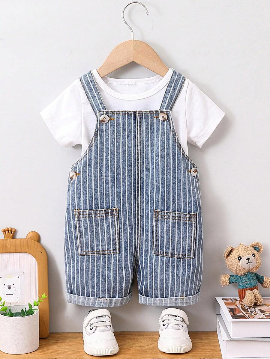 SHEIN Overol sin camiseta de mezclilla para bebé niño con rayas y bolsillos dobles - Azul lavado oscuro - Ver 1