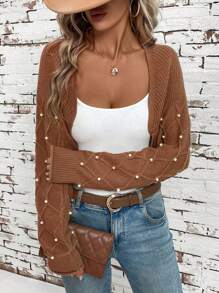 SHEIN Clasi Áo len cardigan đính hạt thanh lịch cho nữ trang phục Halloween mùa thu cho nữ quần áo mùa thu - Màu Khaki - Xem 6
