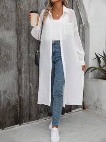 SHEIN LUNE Dames casual dagelijks lang wit overhemd met gestructureerde effen kleur