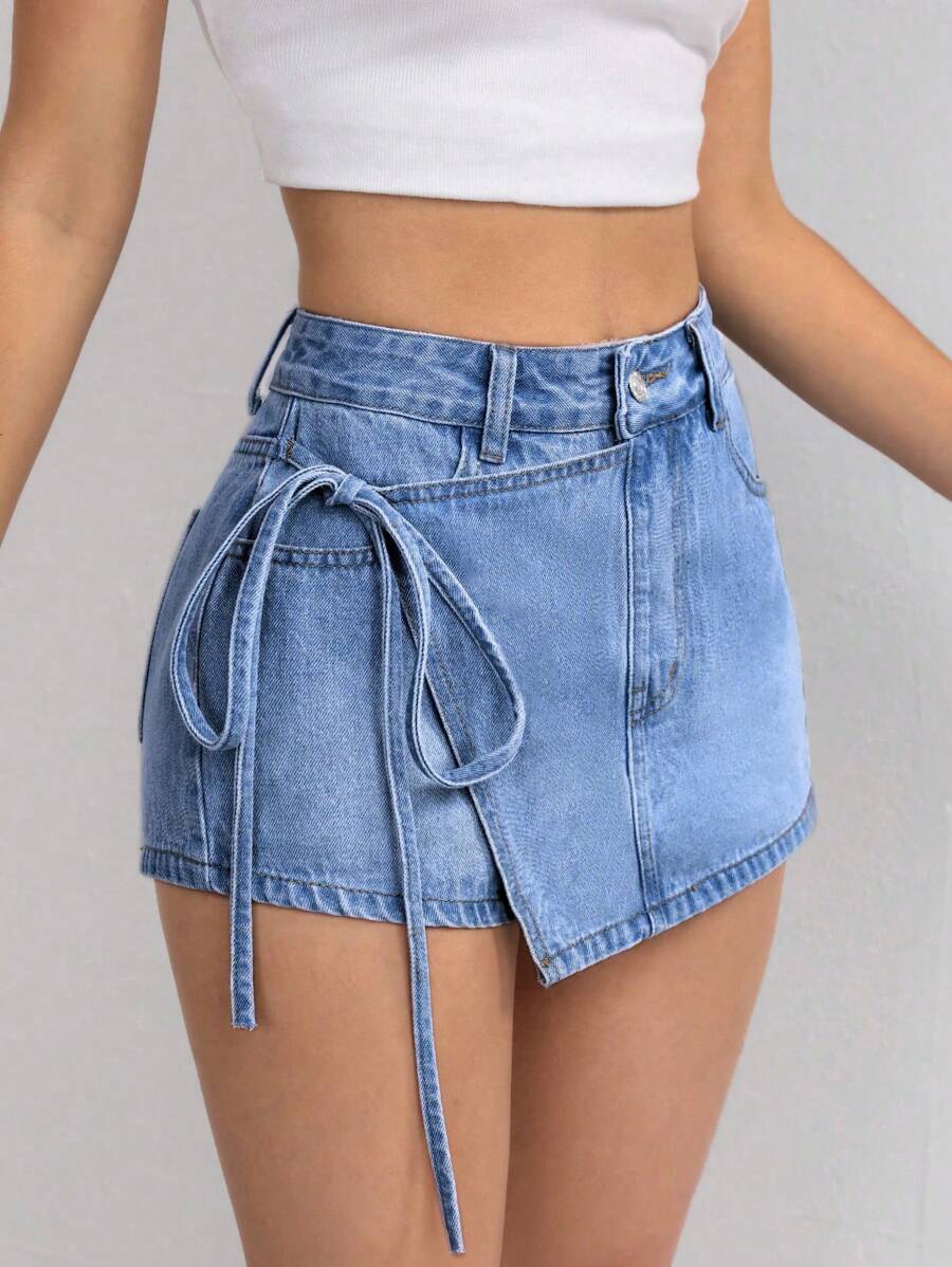 SHEIN EZwear High Waist Knot Side Denim Skort For Summer - Medium Wash - View 1